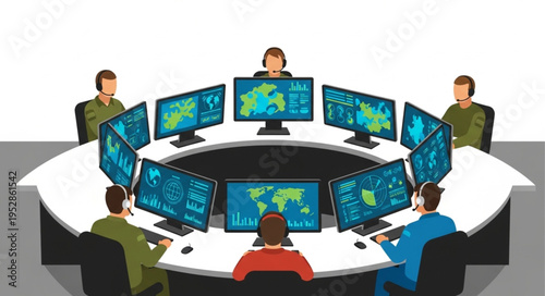 Team Monitoring Global Events in a High-Tech Control Room.
