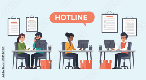 Customer service hotline operators working diligently in an office environment.