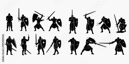 Set of medieval knight warrior silhouettes in various action poses with sword and shield, isolated on transparent background.
