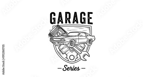 Detailed line art of a classic car in a garage setting, vintage style.
