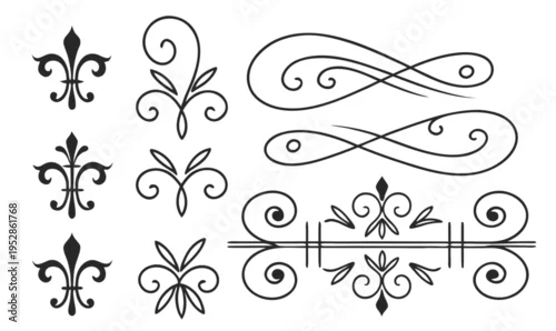 Obraz Set of black fleur de lis symbols and scroll embellishments, elegant decorative borders for vintage design