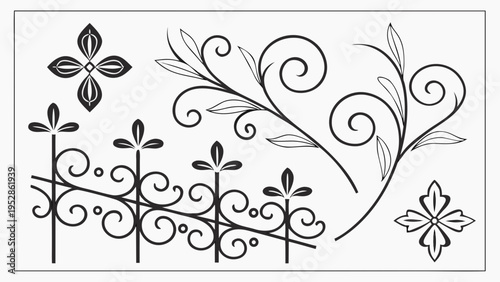 Fotografia Set of decorative wrought iron elements, collection of vintage ornate fences, ga