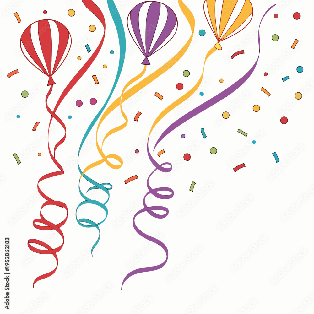 Obraz premium Bright celebratory balloons with stripes and long curly ribbons floating among confetti on white background for birthday party and holiday greetings