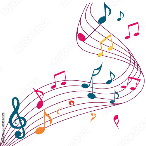 Teal treble clef on purple staff lines with scattered colorful musical notes for artistic sound design and rhythmic composition vector illustration