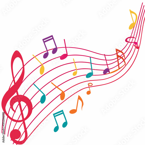 Bright red treble clef and stave lines with colorful notes forming an energetic musical wave for entertainment events and creative sound concepts