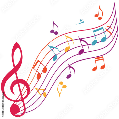Vibrant musical notation with rainbow gradient staff lines and diverse notes floating in artistic flow for celebration and creative event graphics