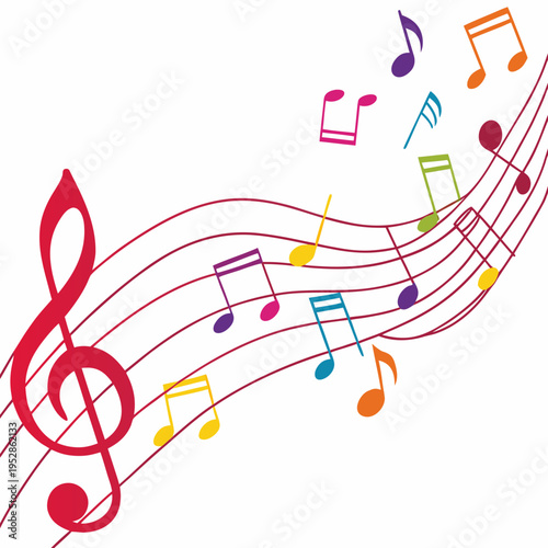 Colorful music notes on wavy staff lines vector illustration for artistic background designs showing musical harmony with vibrant creative elements