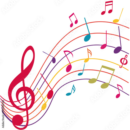 Dynamic musical staff with scattered multicolored notes and a bold red treble clef representing the energy of live performance and artistic sounds