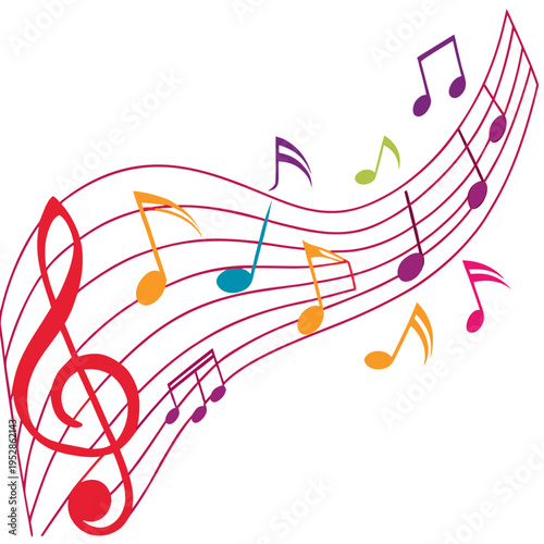 Abstract artistic background with colorful musical notes and treble clef on wavy staff creative design illustration joyful composition vibrant musical elements