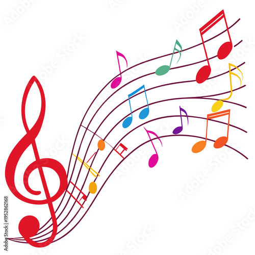 Creative abstract background illustration with colorful musical notes treble clef on wavy staff vibrant artistic design joyful composition musical elements