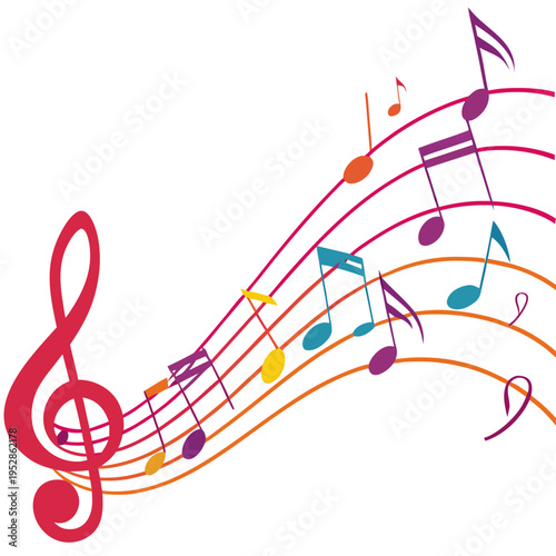 Vibrant musical notes and symbols floating on orange and red staff lines with a large treble clef on white background for festive celebration events