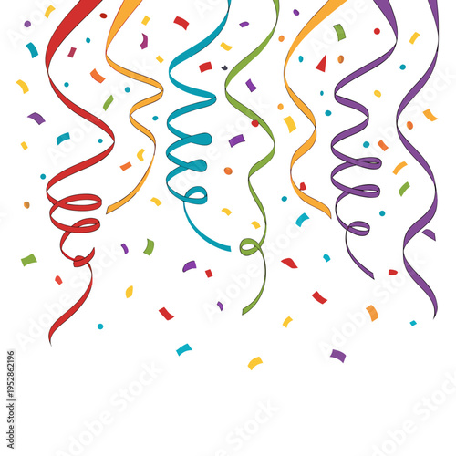 Multiple colorful party streamers and confetti falling creating a cheerful background for any celebration or festive event