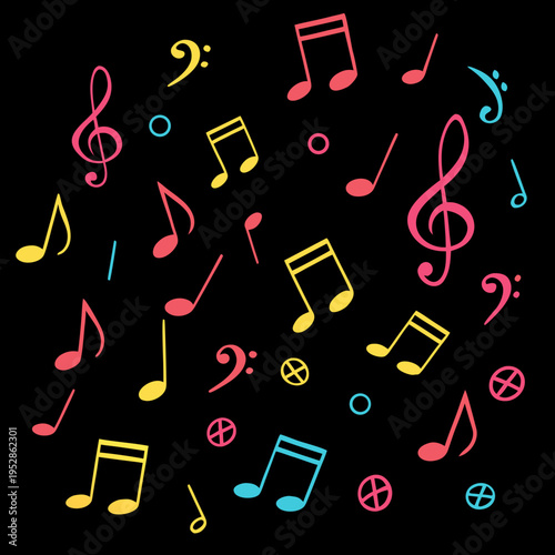 Scattered musical notes and symbols in different colors across a dark background composition