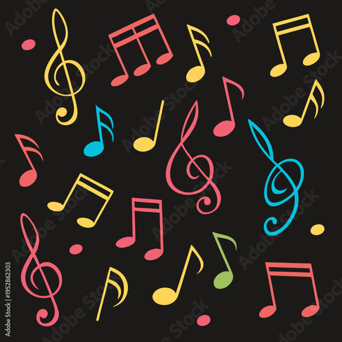 Diverse musical notes and symbols arranged randomly on black surface with bright color accents