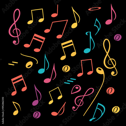Collection of musical notes and symbols in various colors scattered randomly on dark backdrop