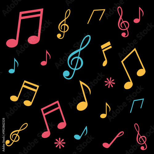 Vibrant music notes and abstract musical symbols randomly arranged on a dark backdrop creating a cheerful and dynamic pattern design