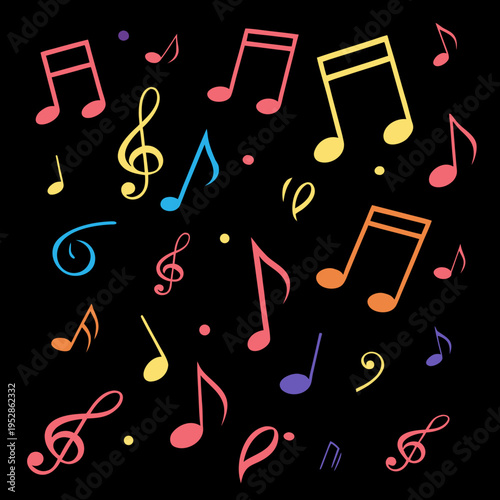 Expressive music notes and clefs in a playful multicolor pattern against a solid black background ideal for music related branding and invitations