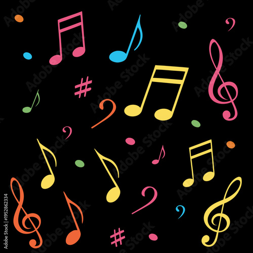 Colorful music notes and symbols scattered on a black background creating a lively and festive design element for various creative projects