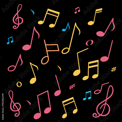 Brightly colored musical notes and sharps scattered across a black background, forming a lively and energetic design for various uses