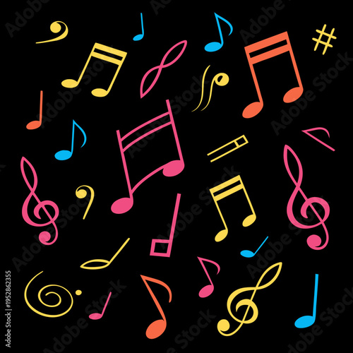 Assorted colorful musical notes and symbols on a black background, creating a dynamic and abstract design suitable for various projects