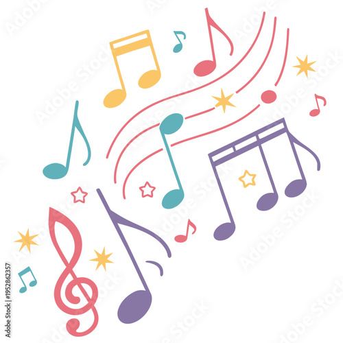 Musical notes and symbols floating and swirling with colorful stars and curved lines representing sound waves and melody