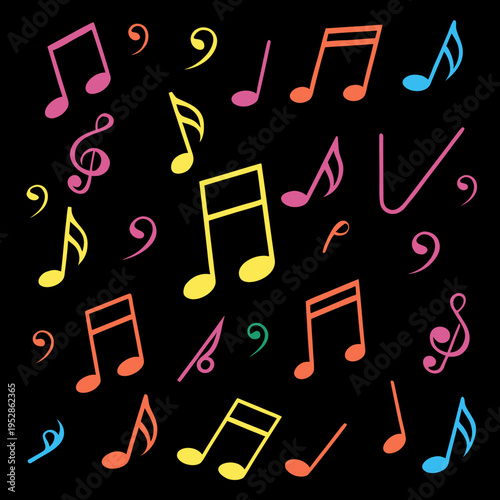 Various colorful music notes and abstract musical shapes randomly distributed on a dark background, forming an energetic visual composition