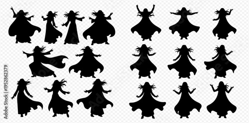 Set of witch or sorceress silhouettes with various poses and flowing robes, perfect for Halloween, fantasy, or magical design elements.