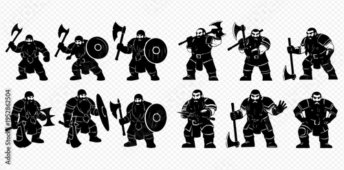 Set of Dwarf Warriors Silhouettes with Axes and Shields in Various Poses, Fantasy Character Vector Illustration.