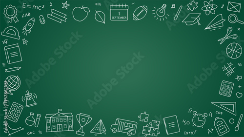 Back to school banner. Background with school outline icons on green chalkboard. Education poster template. Rectangular backdrop with study stationery and copy space on blackboard. Vector illustration