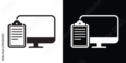 Desktop monitor with a clipboard and checklist document. Creative icon for task management, digital reporting, online surveys, business planning, and electronic health records.