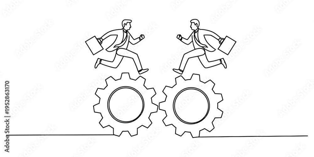 Obraz premium Businessmen Running on Interlocking Gears Concept