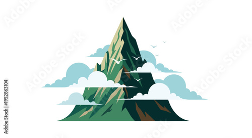Majestic Mountain Peak with Clouds and Birds, Minimalist Vector Illustration