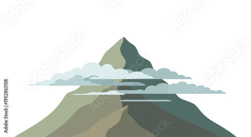 Majestic Mountain Peak with Wispy Clouds, Minimalist Nature Landscape Illustration