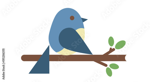 Cute Blue Bird Sitting on Tree Branch with Leaves, Simple Flat Design