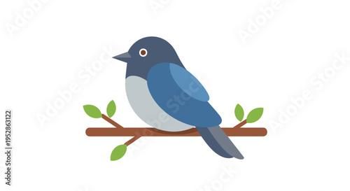 Cute Blue Bird Perched on a Branch with Green Leaves