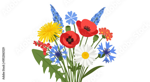 Vibrant Wildflower Bouquet: Poppies, Daisies, Cornflowers, Dandelions