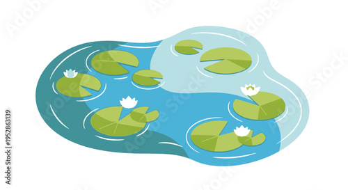 Tranquil pond with lily pads and white water lilies, illustration