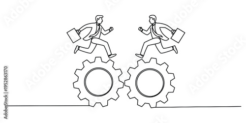 Businessmen Running on Interlocking Gears Concept