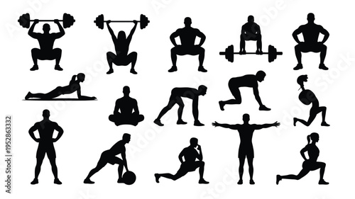 Collection of black silhouettes depicting various fitness exercises and poses on white background for healthy lifestyle and workout concepts