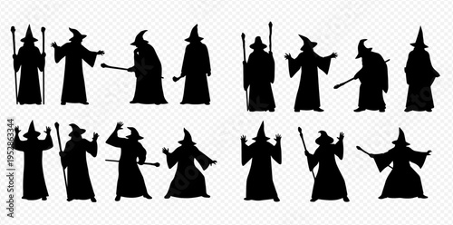 Set of wizard silhouettes in various poses with staff and pointed hat, isolated on transparent background.