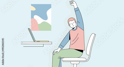 Man Stretching at Desk in Office Chair for Wellness and Break Time Concept Flat Line Art Illustration