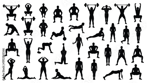 Collection of black silhouette icons depicting various fitness exercises and workout poses on white background for healthy lifestyle and gym concepts