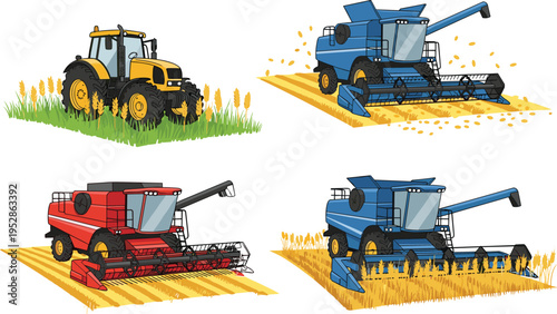 Agricultural machinery illustration, tractor in wheat field, blue combine harvester, red harvester, crop harvesting process, modern farming equipment, rural agriculture technology