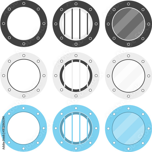 Set of flat ship porthole icons with glass and metal frames in different color variations.