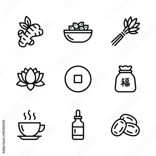 Collection of Traditional Chinese Medicine and Wellness Icons.