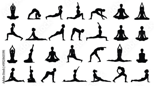 Collection of various yoga poses and stretches in black silhouette on white background for fitness and wellness concepts