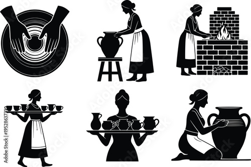 Pottery making process, ceramic crafting silhouettes, artisan shaping clay, kiln firing pottery, serving cups, decorating vase, traditional ceramic art workflow illustration