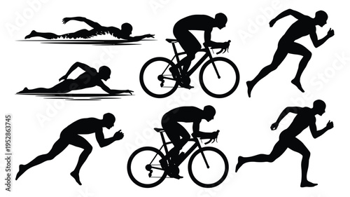 Triathlete silhouettes in various sports poses cycling swimming and running fitness and athleticism concept