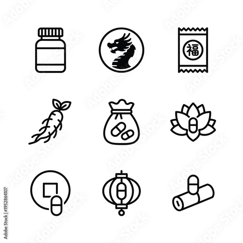 Collection of Traditional Chinese Medicine Icons.