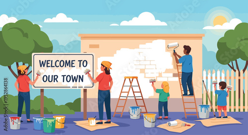Community members painting a welcome sign and building.